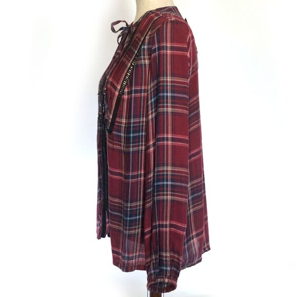 Seven7 Maroon Plaid Peasant Tie Neck Button Top SM - Picture 4 of 8